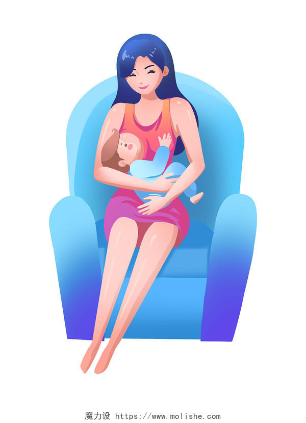 彩色手绘卡通沙发母亲抱孩子母乳喂养母亲节元素PNG素材